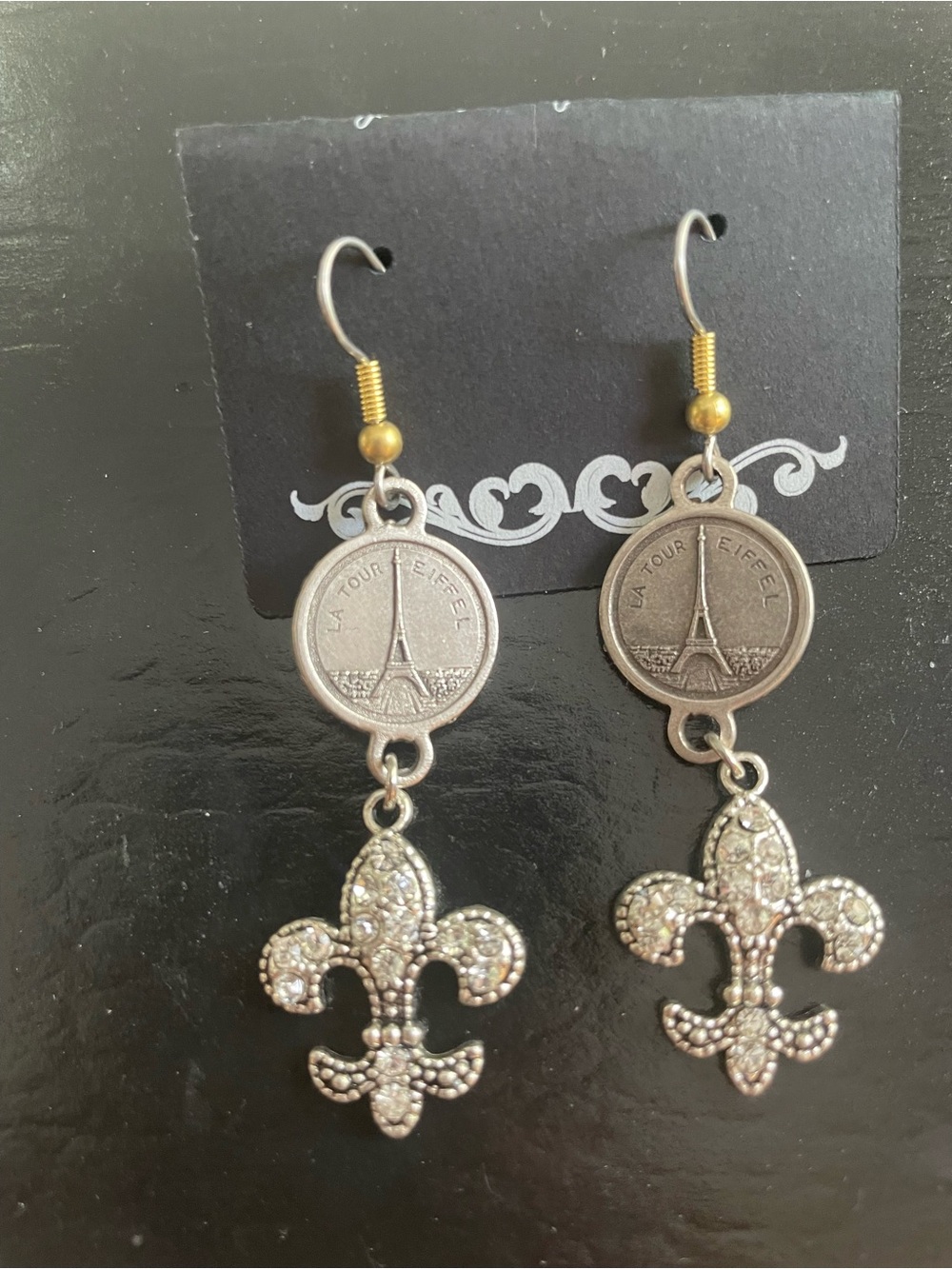 Silver Eiffel Tower & Fleur-de-Lis Dangle Earrings with Rhinestones